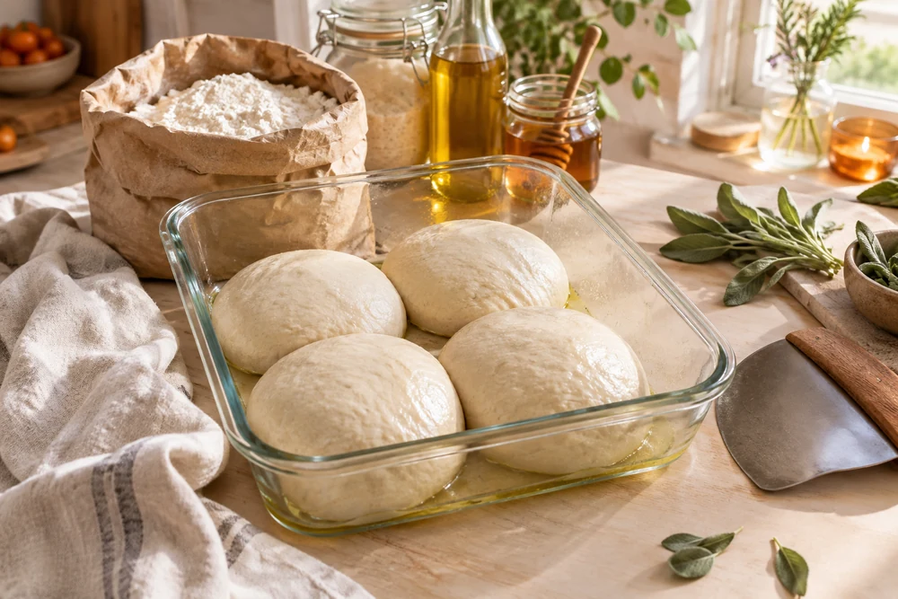 Quatre pâtons de pâte à pizza au levain en maturation dans une boîte en verre légèrement huilée