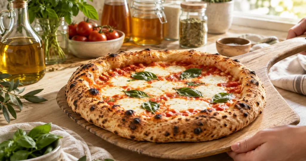 Pizza margherita à la pâte à pizza au levain, bordure alvéolée et dorée, sur une pelle à pizza en bois