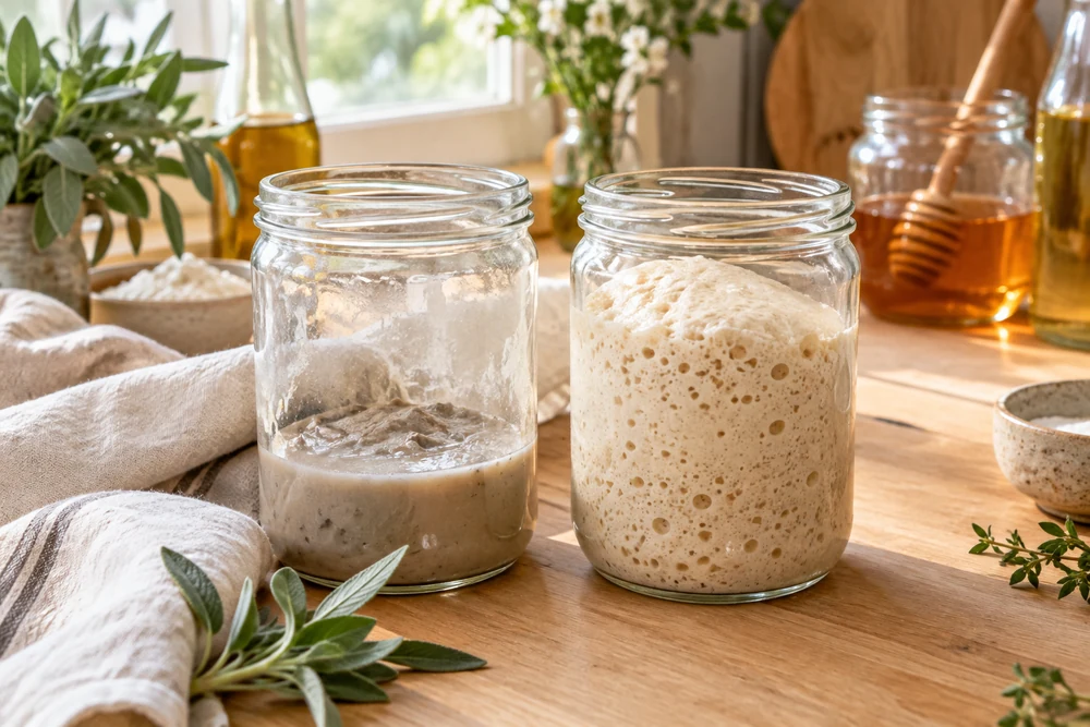 Levain sorti du frigo avec du hooch gris à côté d’un levain rafraîchi, bombé et plein de bulles