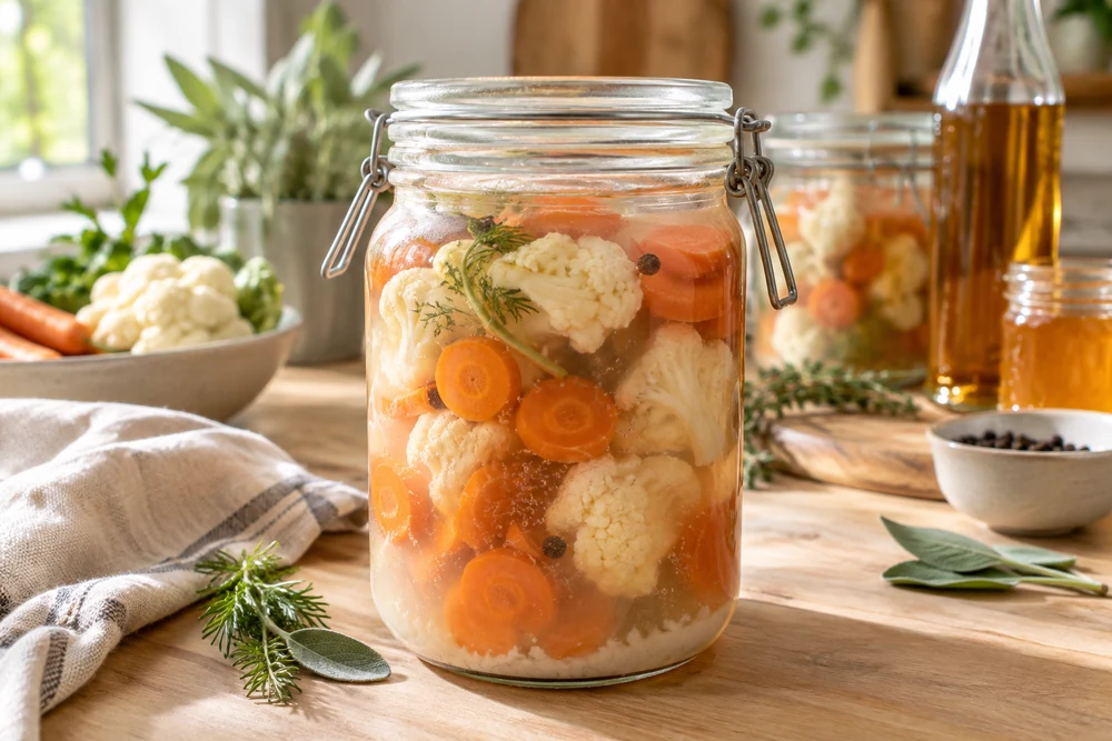 Saumure de lactofermentation trouble avec bulles et dépôt blanc dans un bocal de carottes et de chou-fleur
