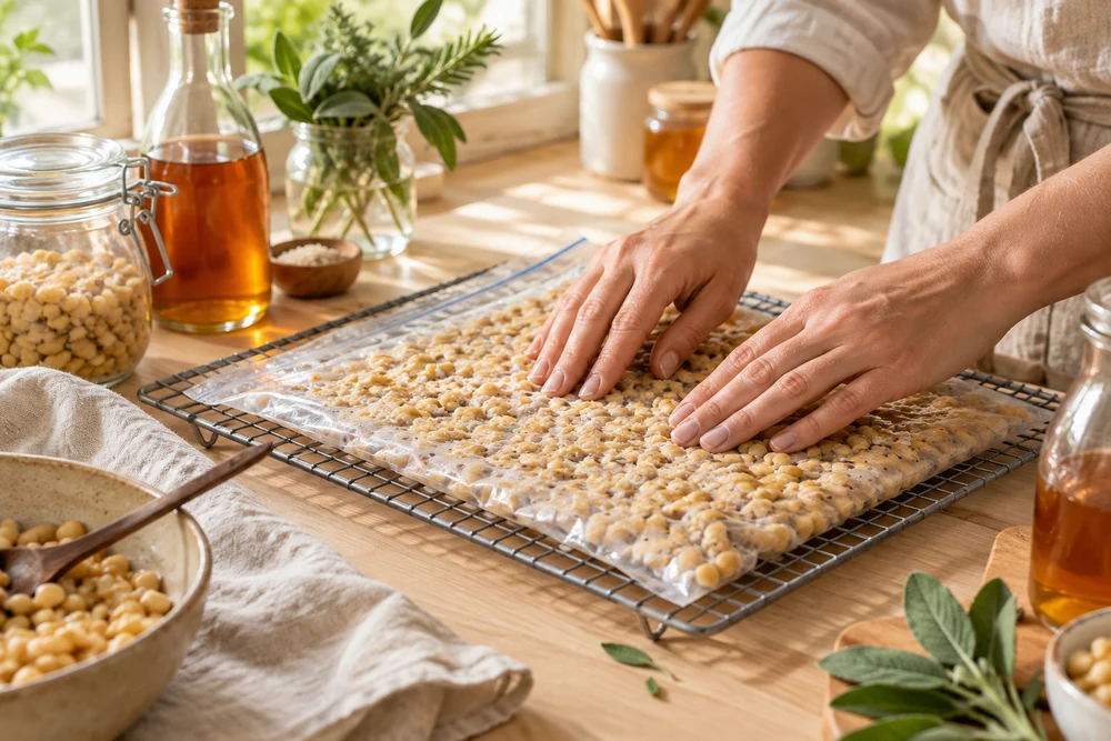 Mains répartissant du soja ensemencé dans un sac perforé pour préparer un tempeh maison