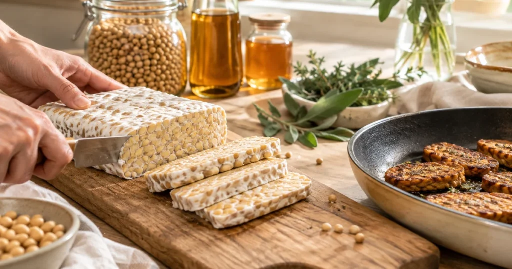 Tempeh maison tranché sur une planche, graines de soja liées par un mycélium blanc, tranches dorées à côté