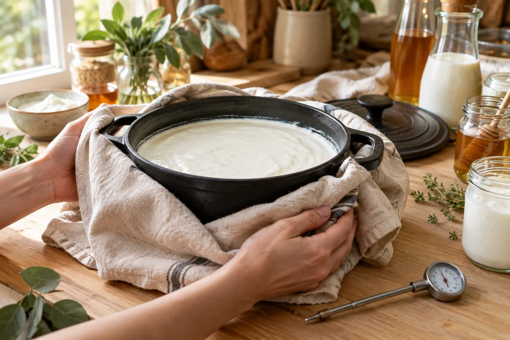 Cocotte en fonte enveloppée de serviettes pour faire un yaourt sans yaourtière, thermomètre à côté
